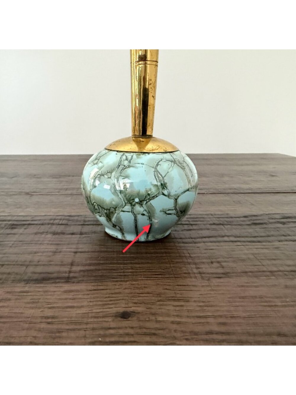 Vintage Delft Hand Painted MCM Brass Marbleized Ceramic Floral Bud Vase Art Deco - Picture 8 of 14